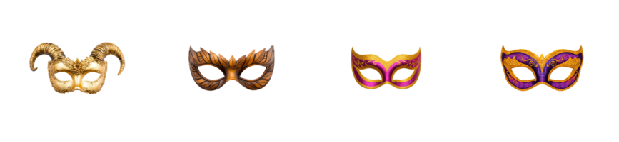 Various masquerade masks against black background, cut out transparent png