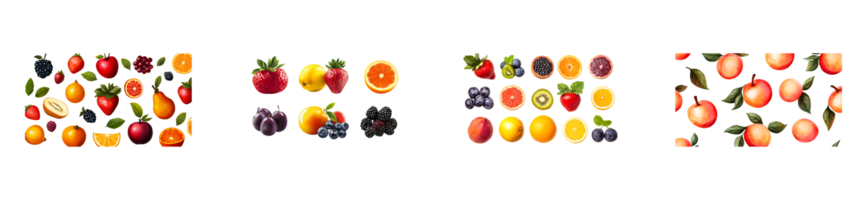 Assorted fruits, different colors and shape arrangements, cut out transparent png