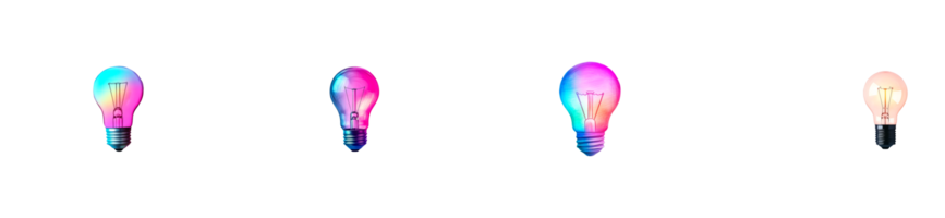 Lightbulbs illuminated with vibrant hues on a black background, cut out transparent png
