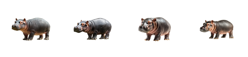 Miniature hippopotamus set in a row, cute mammals, cut out transparent png