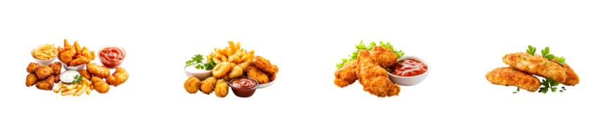 Assorted fried fast food dishes, appetizers and sauce , cut out transparent png