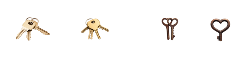 Assorted keys isolated on black background in banner format, cut out transparent png