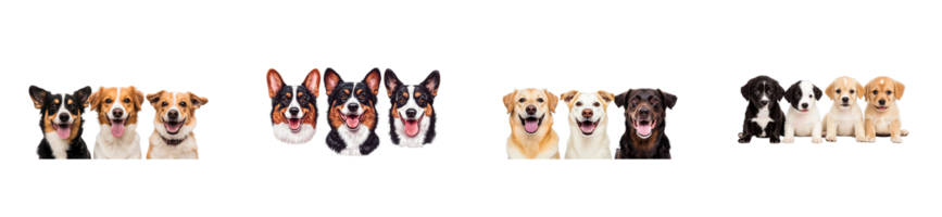 Group of cheerful puppies peek over edge. Pets are friendly looking, cut out transparent png