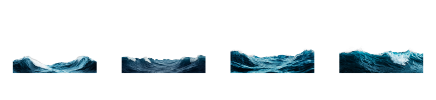Ocean waves with foamy crests, four different stages, cut out transparent png