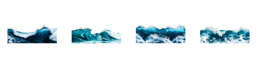 Foamy, ocean waves crashing, surging in a row on black background, cut out transparent png