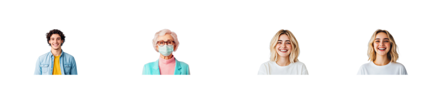 Smiling faces of diverse people, front view, cut out transparent png