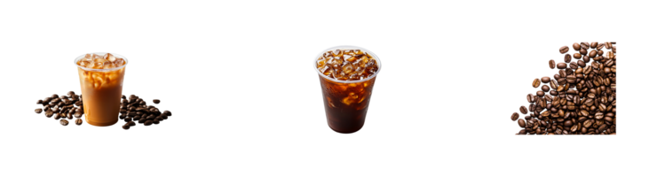 Coffee drinks and beans composition, on a black background, cut out transparent png