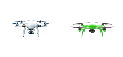 Two drones isolated against a black background, cut out transparent png