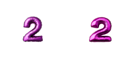 Shiny purple balloon number two, isolated on black background, cut out transparent png