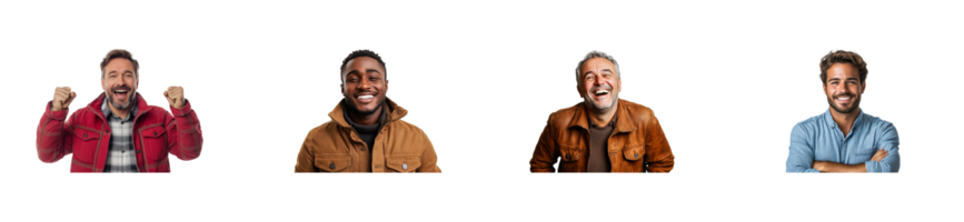 Group of men expressing joy and happiness with transparent background png