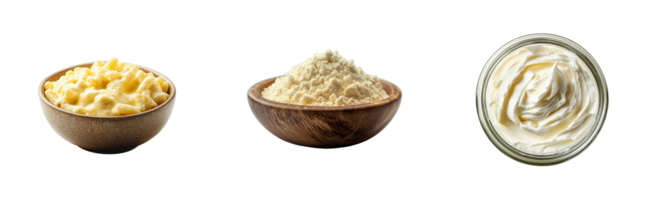 Different types of dairy products in bowls on a transparent background png
