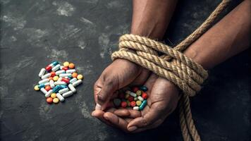 Hands tied up with rope and pills photo