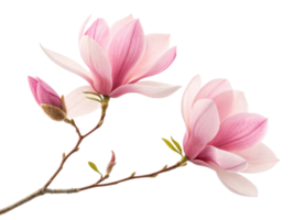 Magnolia flowers bloom beautifully with soft pink petals and delicate green leaves, creating serene and elegant display of nature artistry png