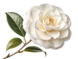 beautiful camellia flower blooms gracefully with soft white petals and vibrant green leaves, symbolizing elegance and purity png