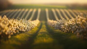 Flowers bloom in a serene field at sunset photo