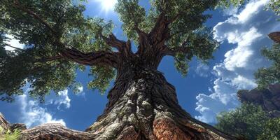 Majestic tree reaching towards a clear blue sky photo