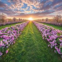 Beautiful sunset over blooming flower field in spring photo