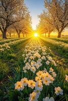 Sunrise over blossoming flowers in a tranquil orchard photo