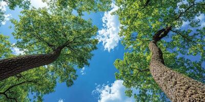 Trees reaching for the blue sky on a sunny day photo