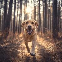 Labrador running joyfully through a wooded path photo