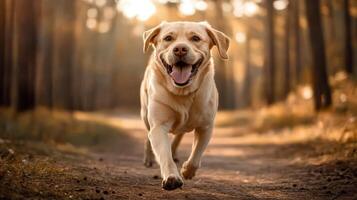Happy Labrador running through a forest trail photo