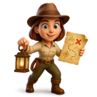 Cartoon Adventurer with Treasure Map and Lantern in 3D Style png