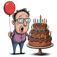 Birthday man with cake and balloon, cartoon style illustration on transparent on transparent background png