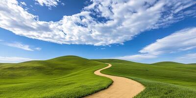 Scenic winding path through vibrant green hills photo