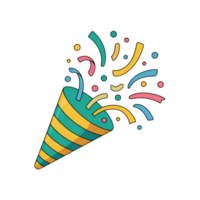 Confetti popper exploding with colorful streamers on a graphic illustration on transparent background png