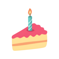 Cake slice with a lit candle, pink frosting, and yellow cake on a on transparent background png