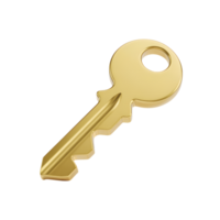 Golden key isolated on , security and access concept, 3d render on transparent background png