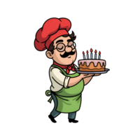 Chef cartoon holding cake with candles on plate isolated on on transparent background png