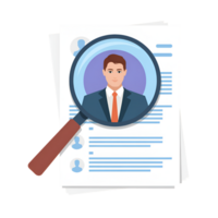 Resume review with magnifying glass showing candidate in suit and tie on paper on transparent background png