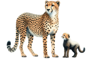 A cheetah and her cub standing next to each other png
