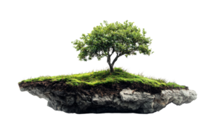 A single tree graces a floating island where soil meets rock creating a surreal and isolated ecosystem png