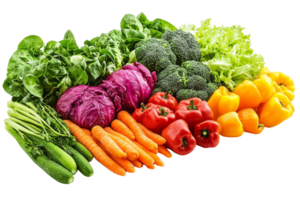 Colorful array of fresh vegetables carrots peppers broccoli leafy greens zucchini and red cabbage png