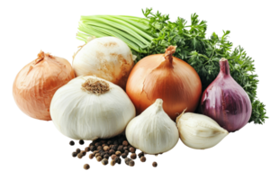 A collection of fresh produce onions garlic peppercorns celery stalks and parsley on display png