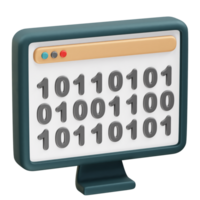 Digital binary code displayed on a computer screen icon 3d illustration png