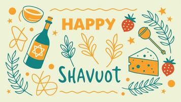 Happy Shavuot with Honey, Cheese, Strawberry and Bottle with Star of David Icon vector