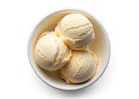 Three scoops of ice cream in a bowl on a white background photo