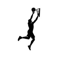 Silhouette drawing of a basketball player jumping to make a slam dunk and holding a basketball in one hand above the hoop vector
