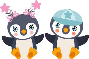 Cute couple of baby penguins vector