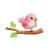 3d rendering cute bird perched on a branch with green leaves png