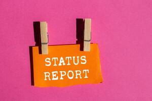 Status report message written on ripped torn orange paper on pink background. Conceptual status report symbol. Copy space. photo