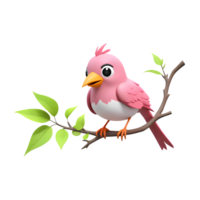 3d rendering pink bird perched on a branch with green leaves cartoon character png