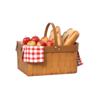 3d rendering picnic basket with bread and beautiful apples png