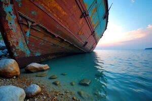 A close-up view of a rusty, weathered boat partially submerged in calm, clear water along a rocky shoreline at sunset. photo