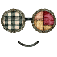 Smiling face with patchwork sunglasses. The sunglasses have round frames and a playful patchwork design. The smile is simple yet expressive. png