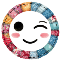 A cute, smiling emoji-like design, with a circular patch-work texture, winking png