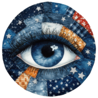 a close-up view of an eye with a patchwork design featuring stars and stripes, creating a mesmerizing and abstract art piece png
